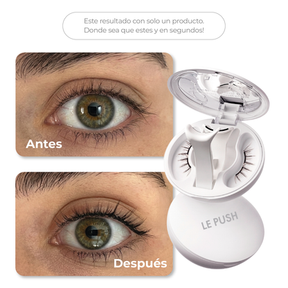 Antes y después de usar pestañas magnéticas Le Push mega natural. sin pegamento y reutilizables
