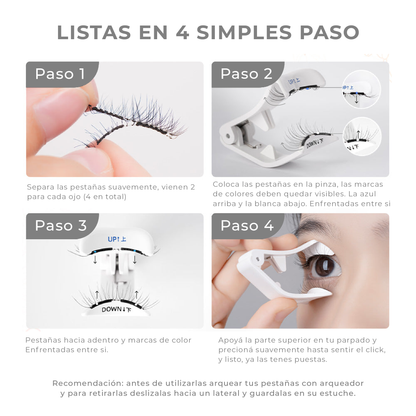 Mujer aplicando pestañas magnéticas Le Push con pinza en 10 segundos