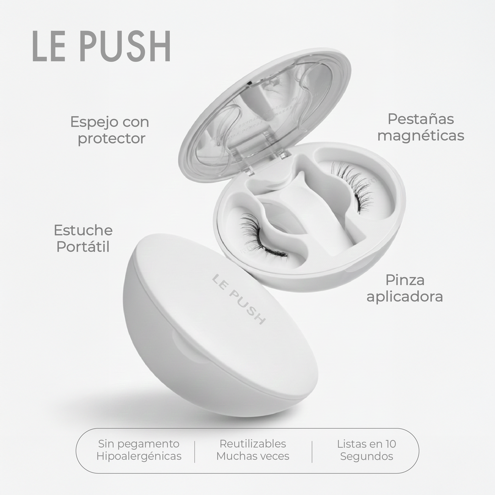 Estuche premium Le Push abierto con espejo y pinza magnética